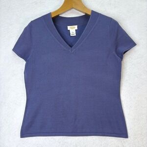 Talbots Blue Silk Blend V-Neck Short Sleeve Sweater Women L Classic Prep Capsule